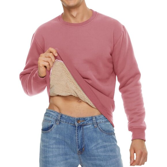 Mens Crewneck Sweatshirt Fleece Lined Warm Pink Outdoor Long Sleeve Pullover - Picture 3 of 6